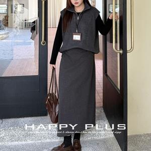 Chaleco de punto con media cremallera Runqi para mujer, talla grande, color gris oscuro, suéter de color liso N9282, top de moda de ajuste holgado - Product Image 4