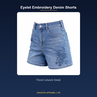 Shorts en jean vintage brodés à œillets taille haute pour femme, coupe ample et large, extensibles, pour l'été, bleu marine, tailles US