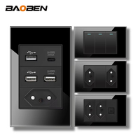 BAOBEN 4*2 Prise murale double USB Type C en verre trempé noir, norme brésilienne, interrupteur lumineux, Suisse 10A 20A