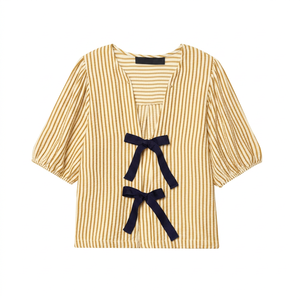 เสื้อเชิ้ตผู้หญิงลายทางผ้าป๊อปลินผูกโบว์ คอวี แขนทรงบอลลูน สไตล์ลำลอง ใส่สบาย ระบายอากาศได้ดี เหมาะสำหรับฤดูใบไม้ผลิและฤดูร้อน - Product Image 3