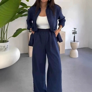 Nouveau style femme ensemble deux pièces pantalon ample et haut motif solide longueur cheville - Product Image 1