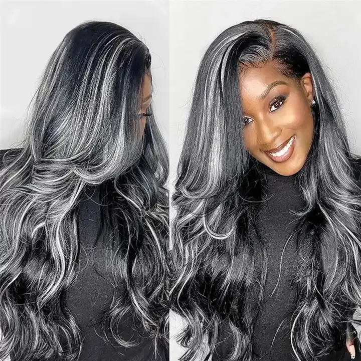 12 ए ग्रेड क्यूटिकल संरेखित बालों का ओम्ब्रे रंग सिल्वर ग्रे हाइलाइट शरीर तरंग मानव बालों को काले महिलाओं के लिए पूर्ण फीता विग