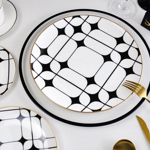 Nordic Light Luxury Wedding <strong>Black</strong> Marble Plates Ceramic <strong>Dinner</strong> <strong>Sets</strong> with Gold Rimmed - Product Image 4