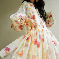 Robe Courte Décontractée Bohème à Col en V Personnalisé en Mousseline d'Été avec Manches Bouffantes Longues et Volants Imprimé Floral pour Femme