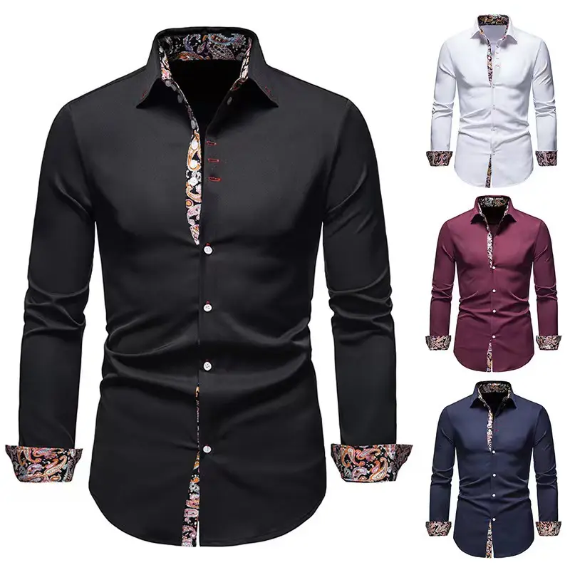 Chemise classique boutonnée à impression florale avec logo personnalisé à la mode décontractée couleur unie à manches longues Slim Fit pour hommes