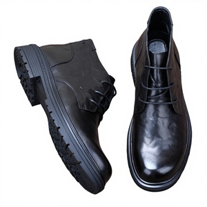 Bottes de travail mi-hautes en cuir souple de vachette pour hommes, doublées de velours, style affaires, tendance automne-hiver - Product Image 3