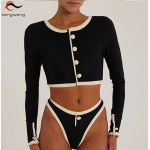 TW 2026 Ensemble bikini deux pièces personnalisé, nouveau modèle tendance, manches longues, col rond, boutons, patchwork, <span class=keywords><strong>maillot</strong></span> <span class=keywords><strong>de</strong></span> <span class=keywords><strong>bain</strong></span> <span class=keywords><strong>taille</strong></span> <span class=keywords><strong>haute</strong></span> pour <span class=keywords><strong>femme</strong></span> - Product Image 1