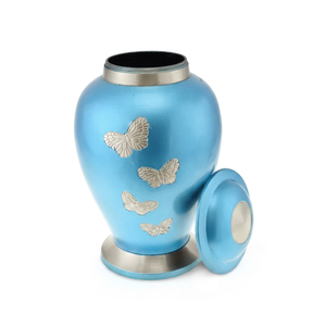 Blue Aluminum Cremation Urn <b>Keepsake</b> <b>Ashes</b> Memorial Cinerary Vase Butterfly Decorative Funeral Decor - Indian Home Crafts - Product Image 1
