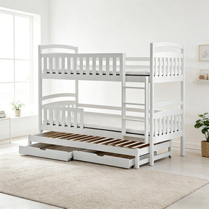 Lit superposé triple en bois blanc moderne pour adolescents avec rangement pour enfants et auberges de jeunesse - Product Image 1