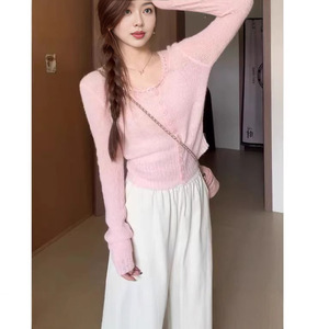 2025 Vintage kore tarzı kadın örme kazak v yaka anti-boncuklanma Polyester/pamuk için zarif ince kısa üst sonbahar için - Product Image 2