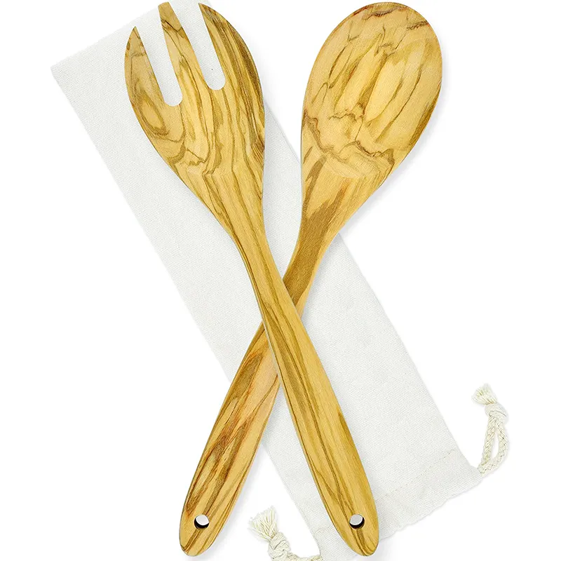 Utensilios de cocina de madera de olivo de primera calidad Logotipo privado Servidores de ensalada de madera Juego de tenedor y cuchara Herramientas de cocina Cuchara de madera