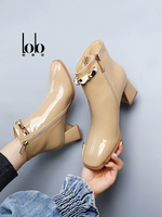 Sepatu Boots Wanita Nyaman dengan Ritsleting, Kulit Sapi, Lapisan Kulit Domba, Hak Tebal Kasual, Ringan, dan Bernapas