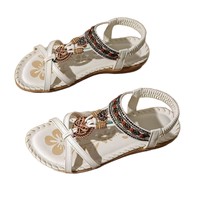 Sandales plates bohèmes pour femmes, faites à la main, avec boucles en bois, strass, couleur unie, amortissantes, respirantes et légères