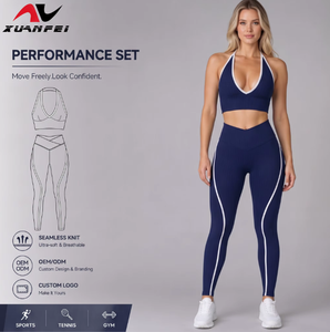 Conjunto de yoga acanalado sin costuras para mujer: Top corto halter y <span class=keywords><strong>leggings</strong></span> fruncidos con efecto push-up, traje de entrenamiento de 2 piezas con ribetes en contraste, ropa de gimnasio. - Product Image 1