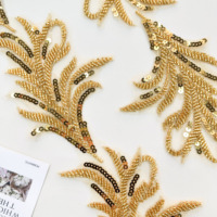 Bordure en dentelle brodée de perles et de sequins, motif floral noir, or et blanc, pour robe Abaya, robe de mariée, décoration de couture DIY