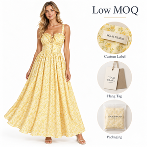 Abito midi da donna alla moda con volant, spalline e stampa floreale, vita arricciata, linea ad A, stile bohémien per vacanze e spiaggia - Product Image 3