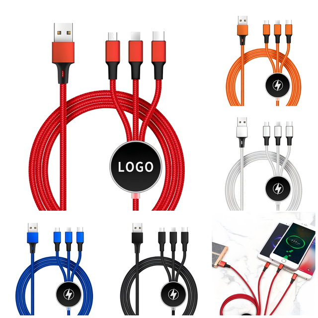 Promotional Gift Custom LED Light Logo 3 in 1 Braided Fast Charging 2A Type-C Micro USB Cable 1.2M for Tablet Computer Printer