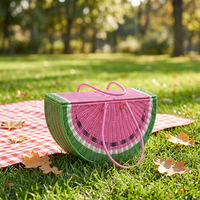 Panier de rangement artisanal en PE en forme de pastèque avec poignée, couleurs rose et vert, écologique, pour salon, pique-nique en extérieur