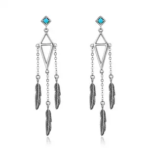 SCE529 Fashion Bohemian Long Tassel Turquoise Stud Earrings Feather Stone Sterling Silver For Women Girls Ear Dangle