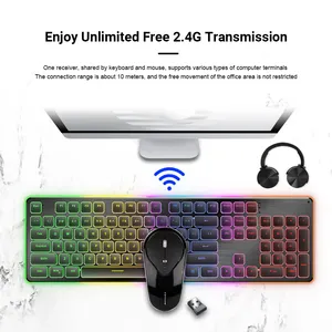 Ensemble clavier et souris Ultra-mince sans fil 2.4Ghz, lumières rétro-éclairés rvb rechargeables pour bureau 24G