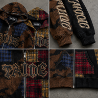 Ensemble sweat à capuche zippé et pantalon en jean déchiré à carreaux patchwork certifié BSCI TaiDe, broderie chenille, logo personnalisé, OEM ODM, vente en gros pour hommes