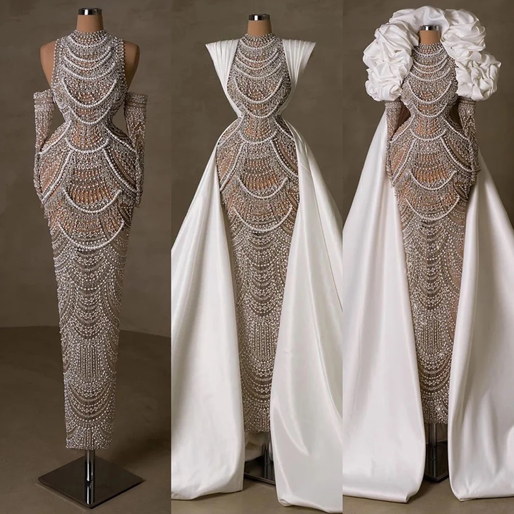Muslim White Nude Elegant Mermaid Luxury Dubai Evening Dresses Gowns Pearls Beaded For Women Wedding Party LA72266A