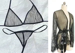 Vente en gros 2021 de lingerie personnalisée sous-vêtements transparents nus Robe en dentelle érotique pour femmes 3 ensembles de lingerie sexy