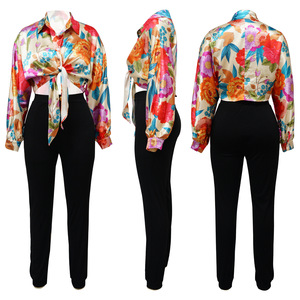 เสื้อเชิ้ตและเสื้อเบลาส์พิมพ์ลายดอกไม้ คอวี แต่งเชือกผูก สไตล์เซ็กซี่ แฟชั่นฤดูใบไม้ร่วงสำหรับผู้หญิง - Product Image 6