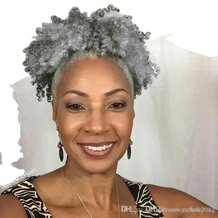 Cheveux brésiliens vierges, extension capillaire naturelle courte et bouclée pour femmes, chevelure crépue à 100% de densité, sel et poivre, gris argenté, queue de cheval, 120g