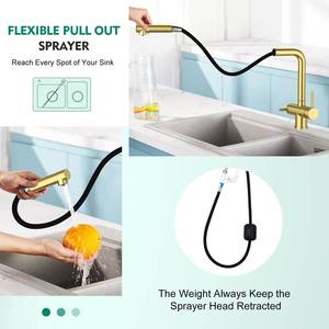 Robinet de cuisine moderne à 3 voies avec douchette extractible dorée, vente chaude en usine - Product Image 2