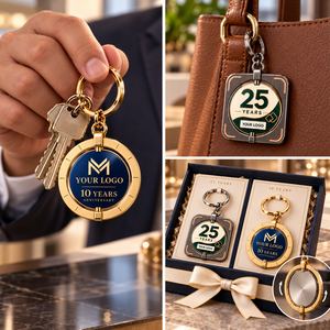 Custom Rotating Metal Keychains Square and Round Zinc Alloy Anniversary Logo <b>Keyrings</b> for Employee Milestone Gifts - Product Image 3