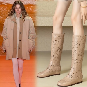 Nouvelles sandales rétro printemps-été en cuir véritable brodé, respirantes, antidérapantes, à talon bas, découpées au-dessus du genou - Product Image 1