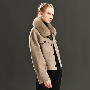 Wholesale Single Breasted Cropped Cashmere <strong>Women</strong> <strong>Coat</strong> Fluffy Real Fur Collar Elegant Custom Soft Double Faced Wool Winter <strong>Coat</strong> - Product Image 6
