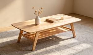 Table basse moderne en bois massif avec étagère de rangement, mobilier de salon scandinave, design minimaliste, table d'appoint basse - Product Image 3