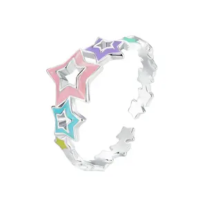 925 Sterling Silver Rainbow Enamel Stars Open Ring Dopamine Band Plated White Gold for Women Party Fine Jewelry SCR1010-E