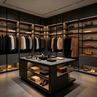 Armoire de luxe sur mesure avec éclairage chaleureux et îlot central, écologique et durable, pour dressing de villa