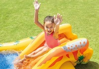 Piscine gonflable d'été à thème dinosaure avec toboggan, piscine à jets épaissie et fosse à balles pour jeux aquatiques à la maison et en extérieur