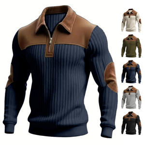 Pull tricoté pour homme avec col, patchwork, fermeture éclair sur le devant, décontracté, pour l'automne et l'hiver, modèle combiné, manches longues, design côtelé - Product Image 6