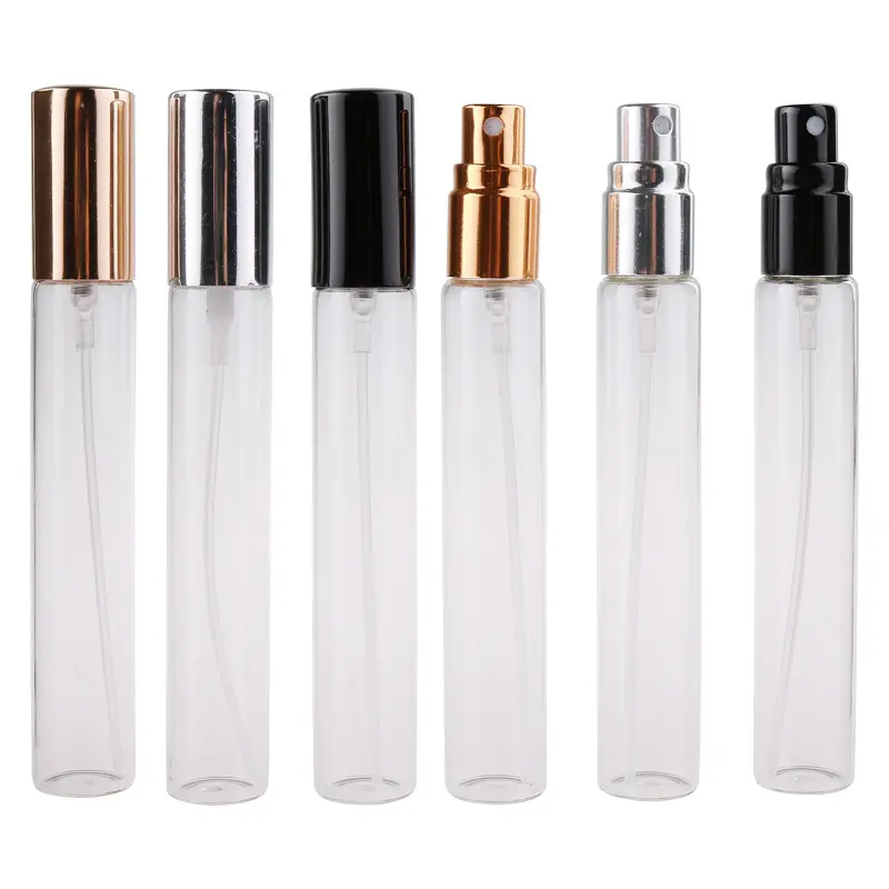 Botella de Perfume de vidrio de muestra con tapa de rociador de aluminio, 17mm x 116mm, 15ml, 0,5 oz