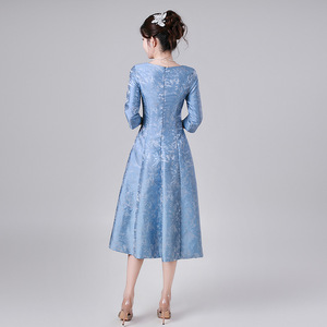 Robe de soirée de couleur unie, col rond, longueur moyenne, en polyester, pour femmes, 2618 - Product Image 2