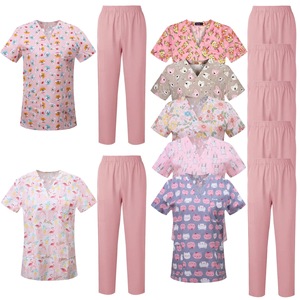 Printed Elastic Surgical Scrub Sets V-Neck Short Sleeve Unisex Hospital Uniforms Moisture Wicking Cotton Woven S XXL - Product Image 1