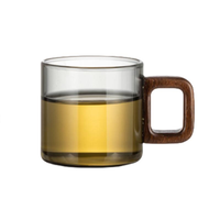 Mug à café ou à thé en verre cylindrique transparent gris de 120 ml avec poignée en bois, résistant à la chaleur, sans BPA, écologique, pour la maison ou les fêtes