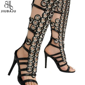 Jiubaju <span class=keywords><strong>Sandali</strong></span> Sexy da Donna con Tacco Alto, Stivali Estivi alla Moda, Scarpe Nere Sexy con Tacco a Spillo, <span class=keywords><strong>Sandali</strong></span> al Ginocchio Traforati - Product Image 1