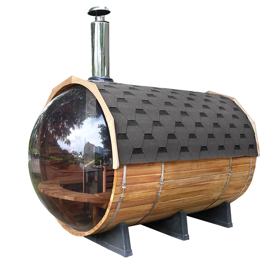 Wholesale 1.8*2.4m Outdoor 4-6 Person Traditional Wood Steam Barrel Sauna Panoramic Barrel Sauna For Sale