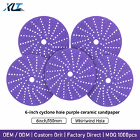 Disques abrasifs en film céramique violet multi-trous de 6 pouces (150 mm) avec support floqué, anti-colmatage, pour le ponçage du bois, OEM