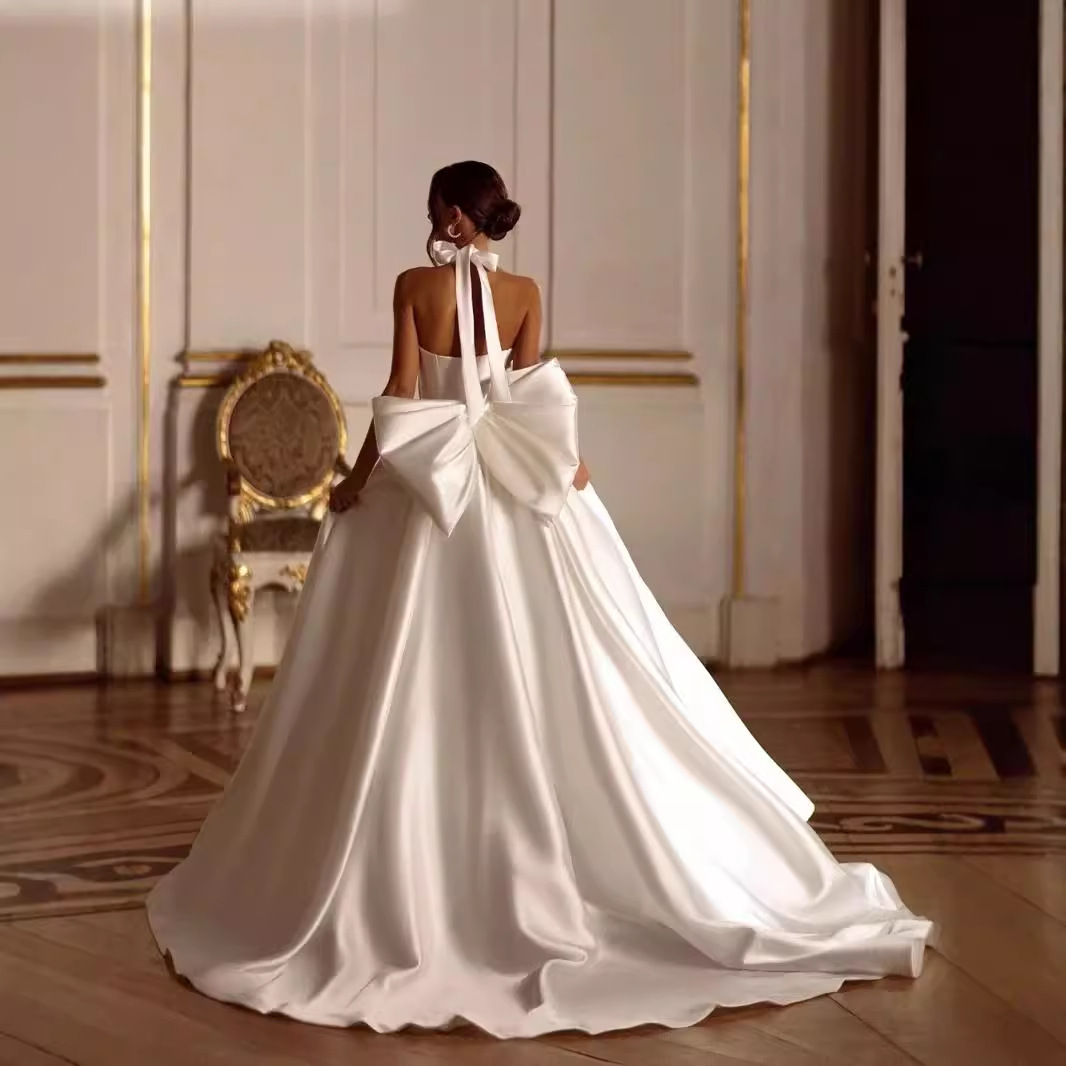 Classic Bow Bride Graceful Modest Satin A-Line Long Bridal Gown Sexy Halter  Backless MIKADO Wedding Dress| Alibaba.com
