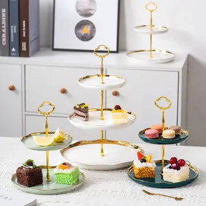 Nordic glossy glaze luxury wedding party serving cake stand 2 / 3 tiers ceramic snack dessert cake plate with gold rim