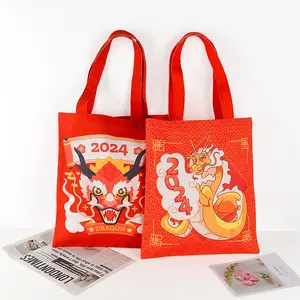 OEM/ODM new year style red custom cartoon dragon retail gift canvas cotton shopping tote bag