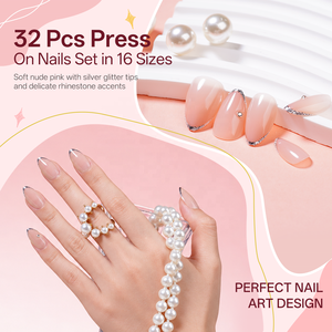 32 Stück <span class=keywords><strong>ABS</strong></span> Blush <span class=keywords><strong>Nude</strong></span> Silber Glitzer V French DIY Nagelkunst Aufklebenägel Mandel-Form Strass Flexibel Vollständige Abdeckung OEM Großhandel - Product Image 2