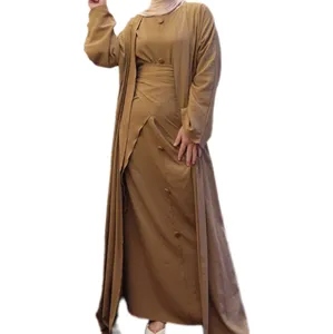 Modest Islamic Clothing Linen 3pcs Abaya Set Black Open Abaya Dubai Women Muslim Eid Collections Muslim Girl Abaya Set